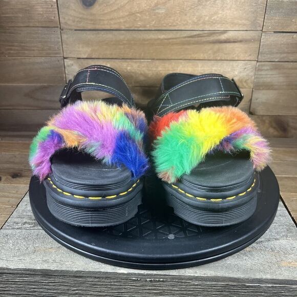 RARE Dr. Martens Womens Sz 8 Voss II Fluffy Faux Fur Rainbow Platform Sandals - Picture 2 of 10